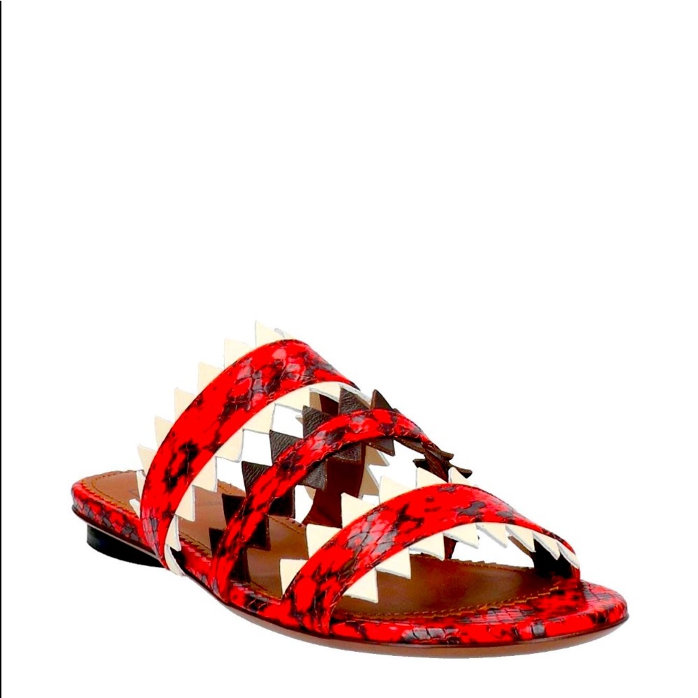 L’Autre chose leather sandals size 8 in red, dark brown and latte animal print.